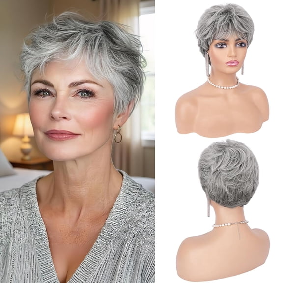 Grey Pixie Wigs for Women - Gray Short Natural Layered Haircut Synthetic Heat Resistant Hair Wig for Daily Costume