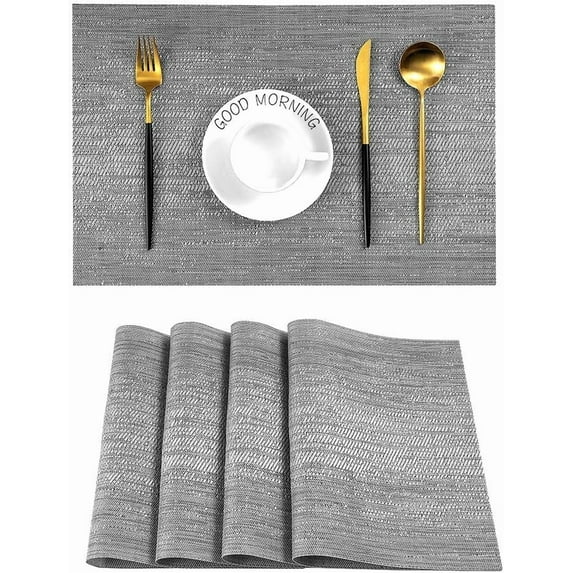 Grey Placemats, Heat Resistant Non-Slip Place mats for Dining Table, Washable Durable PVC Vinyl Woven Table Mats (Set of 4)