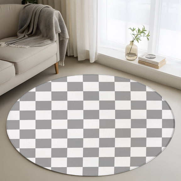 Grey Plaid 3FT Round Area Rugs Modern Checkerboard Plaid Repeating Pattern Soft Small Round Rug Non-Slip, Ultra-Thin Circle Carpet for Bedroom Entryway Kitchen Bathroom