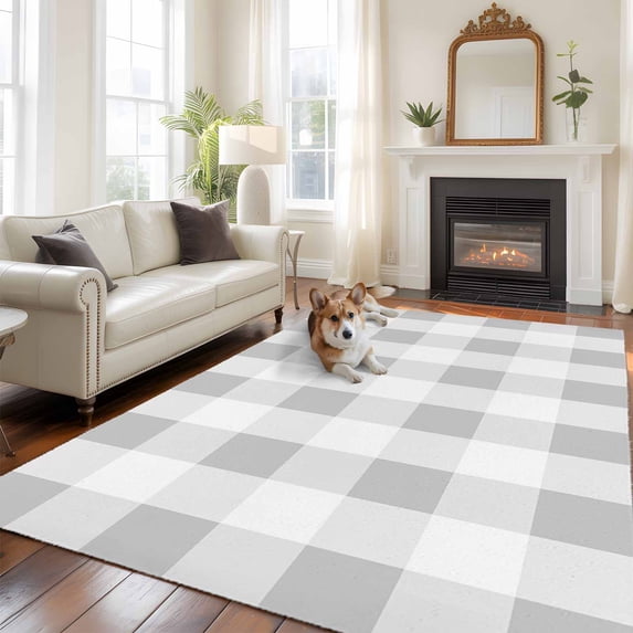 Grey Plaid Area Rug 5x7 FT, Non Slip Bedroom Throw Carpet, Spring Summer Farmhouse Buffalo Checkered Washable Soft Floor Carpet Non-Shedding Rug for Dining Room Bedside Classroom Desk