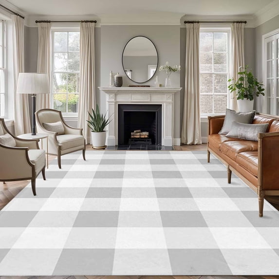 Grey Plaid Area Rug 6x9 FT, Non Slip Living Room Throw Carpet, Spring Summer Farmhouse Buffalo Checkered Washable Soft Large Floor Carpet Non-Shedding Rug for Bedroom Dining Room Play Room