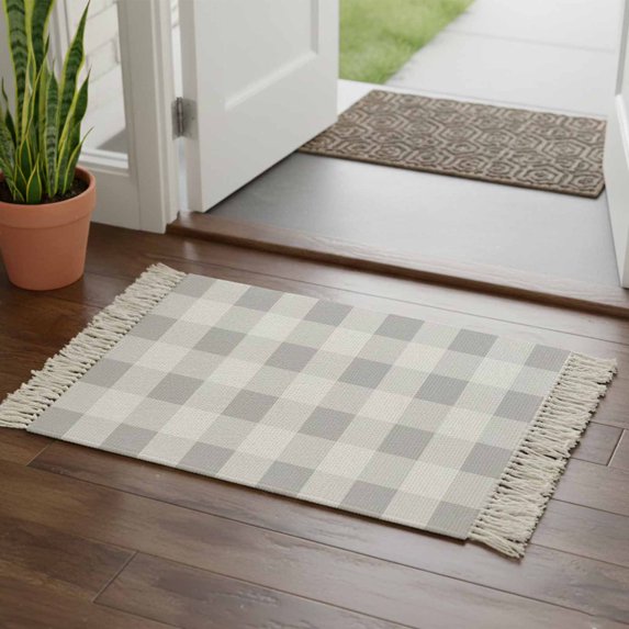 Grey Plaid Bathroom Rug 2'x3', Spring Summer Farmhouse Buffalo Checkered Low Profile Front Entryway Rug with Tassels, Woven Cotton Washable Kitchen Mat Carpet for Foyer Bedroom Back Door Decor