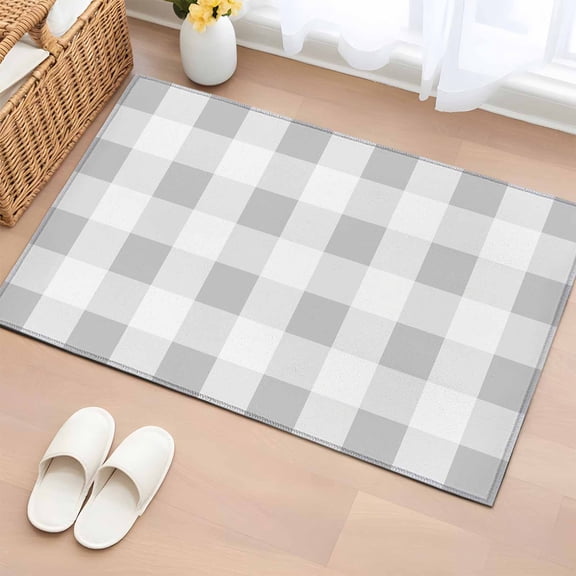 Grey Plaid Bathroom Rug Washable 2x3 Entryway Rug Non Slip Spring Summer Farmhouse Buffalo Checkered Front Door Mat Low Pile Indoor Doormat Throw Floor Carpet for Kitchen Bedroom Entrance