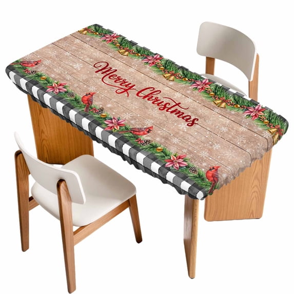 Grey Plaid Christmas Table Cloths for 5 Foot Rectangle Tables, Xmas Snowflake Botanical Poinsettia Wooden Patio Waterproof Elastic Fitted Tablecloths, Washable Rectangular Table Cover for Camping