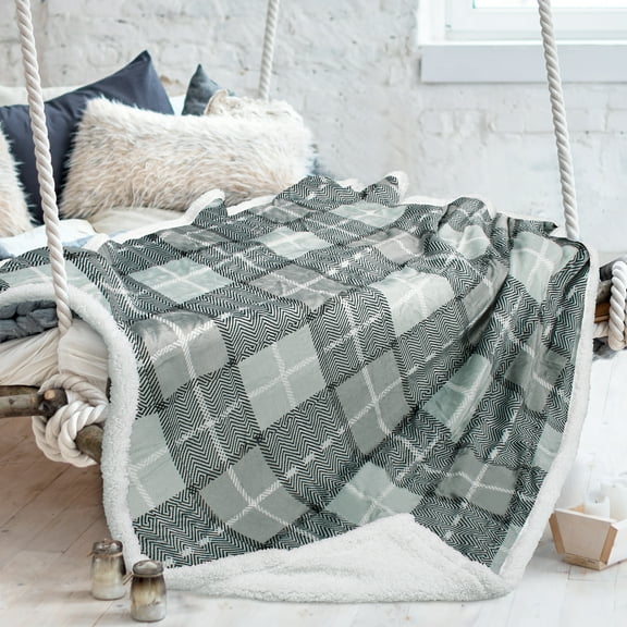 Grey Plaid Decorative Throw TV Sherpa Blanket, Soft, Warm, Comfy, Plush Fleece for Bedding, Couch and Cabin, Red Blue Buffalo Throw Blanket, 50"" x 60"".