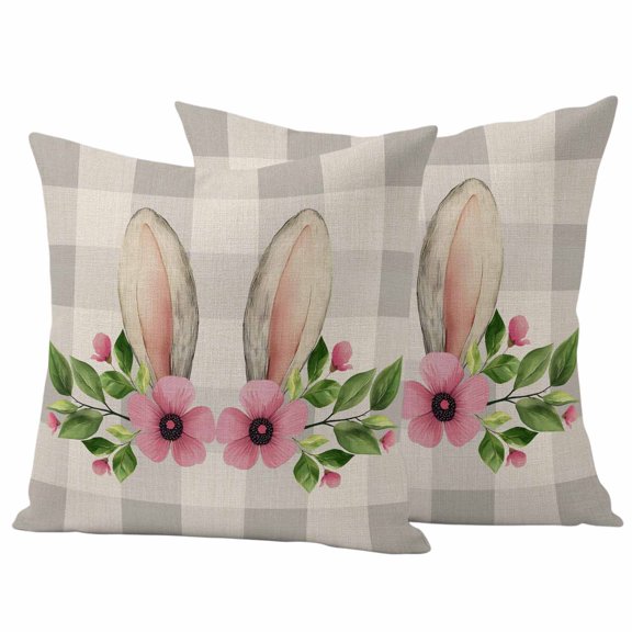 Grey Plaid Easter Outdoor Waterproof Pillow Covers, Checkered Spring Floral Rustic Decorative Square Throw Pillowcase Sofa Cushion Sham for Patio/Couch/Chair, 20"x20" 2 Pack