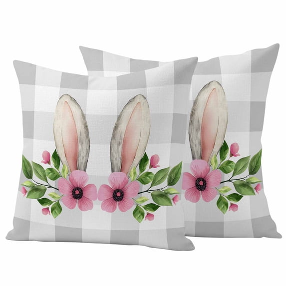 Grey Plaid Easter Outdoor Waterproof Pillow Covers, Checkered Summer Spring Floral Decorative Square Throw Pillowcase Sofa Cushion Sham for Patio/Couch/Chair, 16"x16" 2 Pack