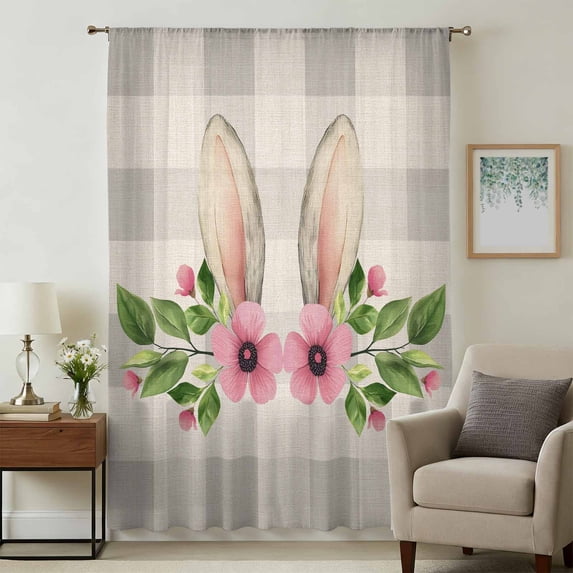 Grey Plaid Easter Sheer Curtains 72 Inches Long, Checkered Spring Floral Rustic Light Filering Curtains, Breathable Simi Curtain Privacy Drapes for Living Room Bedroom Lightweight Window Treatment