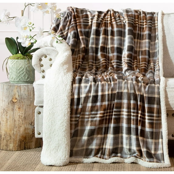 Carstens, Inc. Ultra Premium Super Soft Plush Sherpa Fleece Oversized Throw Blanket 54" x 68", Gray Chestnut Plaid
