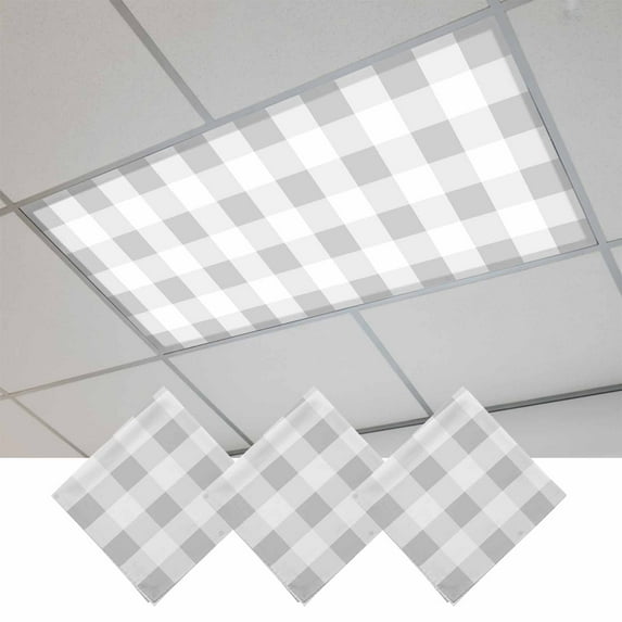 Grey Plaid Fluorescent Light Covers, Spring Summer Farmhouse Buffalo Checkered Magnetic Light Covers for Ceiling Lights, Fluorescent Ceiling Shade Filters for Classroom Bedroom Office 4x2Ft x 3PCS