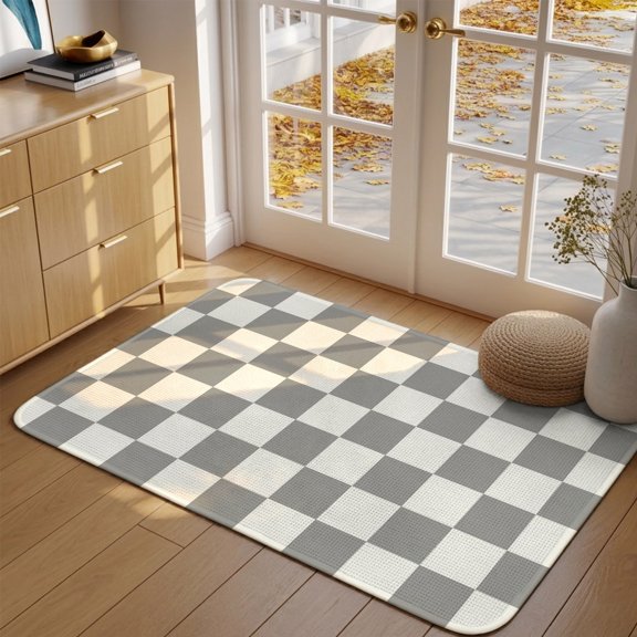 Grey Plaid Front Door Mat Indoor Entrance, Modern Checkerboard Plaid Repeating Pattern Absorbent Dirt Resist Welcome Mats Non-Slip Low-Profile Doormat Washable Entry Rug Indoor Outdoor 17x30 Inch