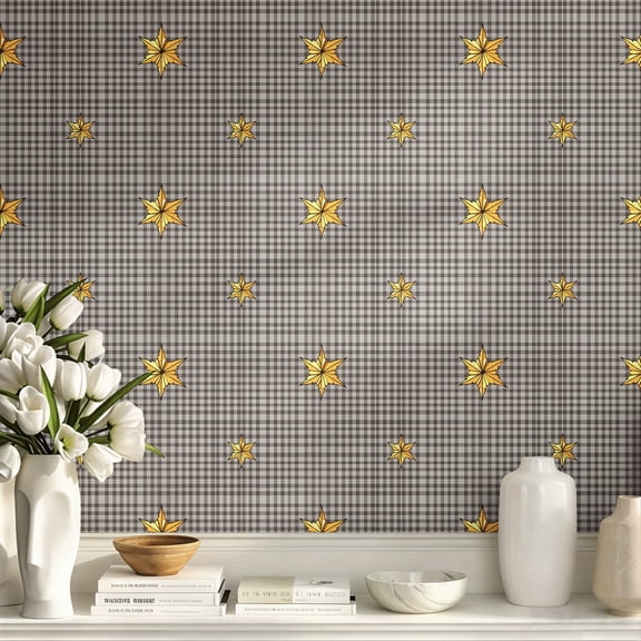 Grey Plaid Gold Star Pattern Stick Wallpaper, Modern Rustic Minimalist Aesthetic Wall Art Wall Decor Art Print, Stunning Home Decoration for Living Room Bedroom Office Dorm Room Apartment