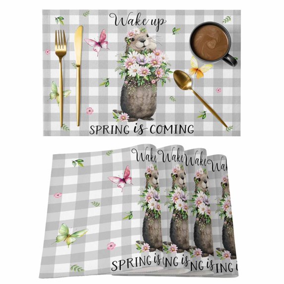 Grey Plaid Groundhog Placemats Set of 4, Spring Floral Butterfly Botanical Placemats for Dining Table, Place Mats for Kitchen Tabletop, Waterproof Wipeable Dining Table Mats Set