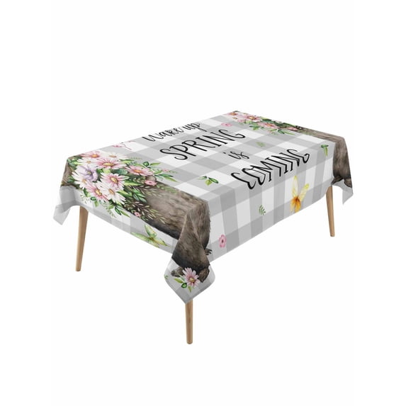 Grey Plaid Groundhog Table Cloth, Waterproof Tablecloth for Rectangle Tables, Spring Floral Butterfly Botanical Reusable Washable Fabric Table Cover for Restaurant Kitchen Dining Tables 54"x108"