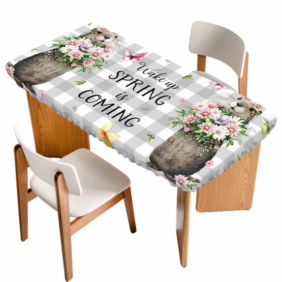 Grey Plaid Groundhog Table Cloths for 4 Foot Rectangle Tables, Spring Floral Butterfly Botanical Patio Waterproof Elastic Fitted Tablecloths, Washable Rectangular Table Cover for Camping