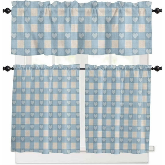 Grey Plaid Kitchen Curtains Sets for Windows 36 Inch Length, Country Cute Love Pastoral Heart Lattice Rod Pocket Window Treatments Tier Curtains and Valances Set for Bedroom/Bathroom
