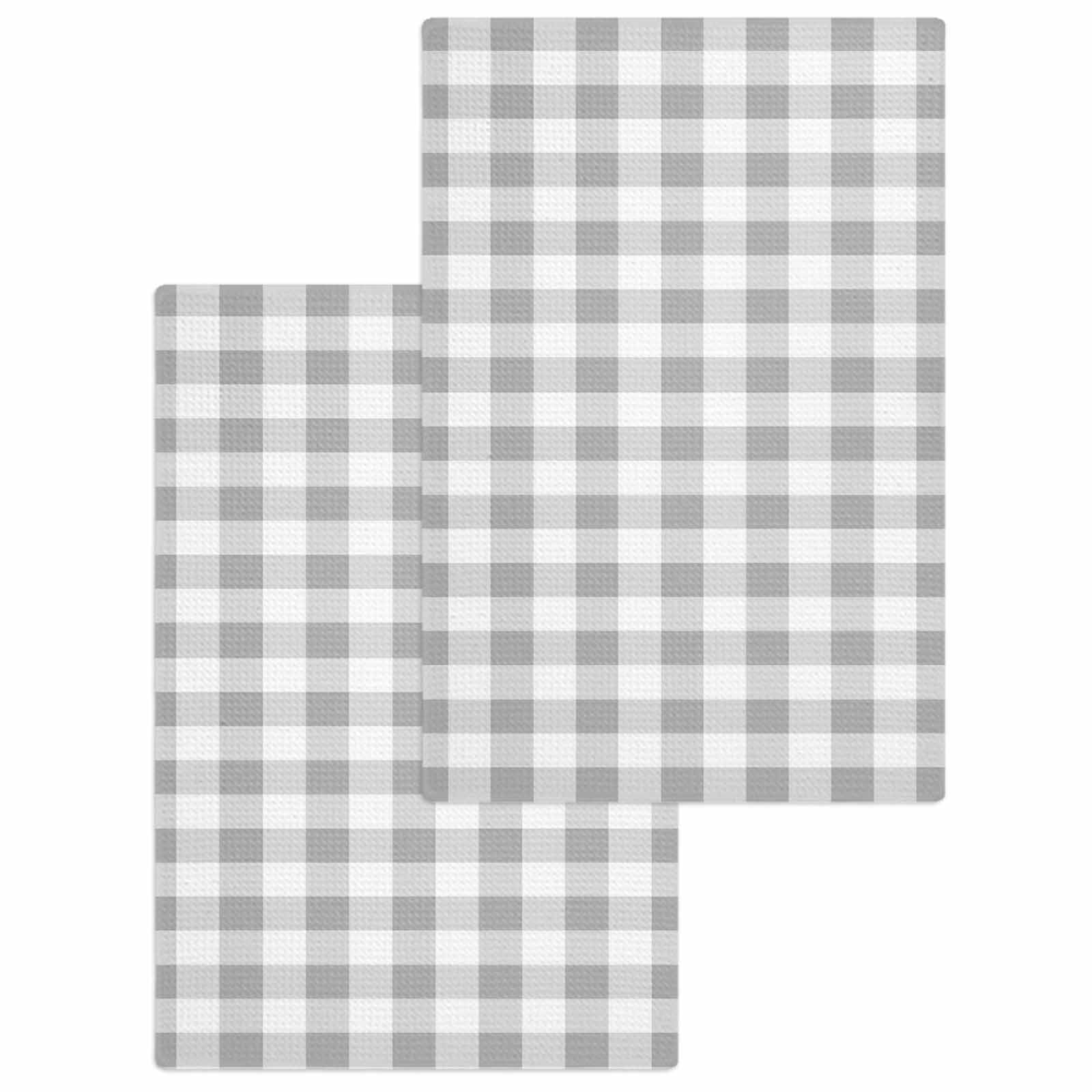 Grey Plaid Kitchen Dish Towels for Drying Dishes Set of 2, Gradient Geometric Buffalo White Checkered Waffle Weave Microfiber Hand Tea Bathroom Towels Quick Dry & Absorbent Towel 15.7x23.6