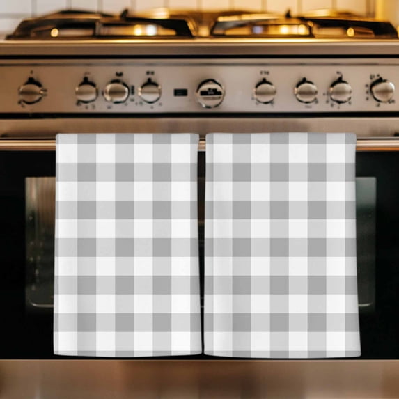 Grey Plaid Kitchen Towels Set of 3, Gradient Geometric Buffalo White Checkered Absorbent Dish Towels for Kitchen, Microfiber Hand Towel, Quick Drying Tea Towel for Cleaning Decorative Dishcloths