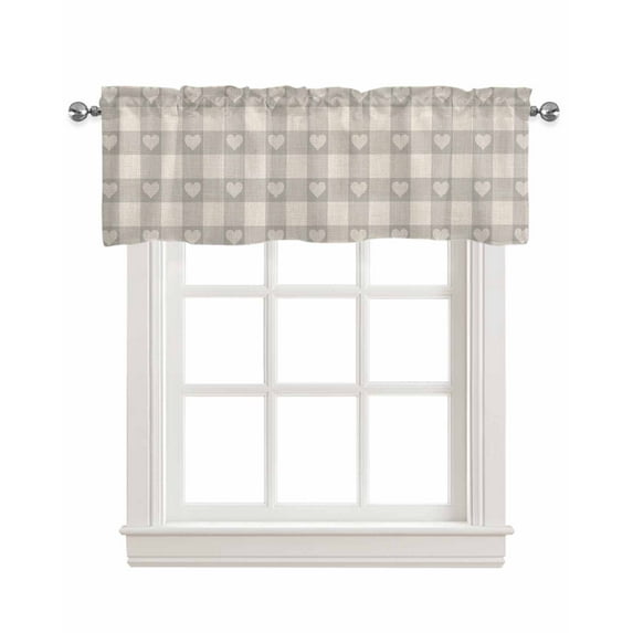 Grey Plaid Kitchen Valances for Windows Farmhouse Linen Window Valance Curtain for Living Room Window Treatment Country Cute Love Pastoral Heart Lattice Valance Rod Pocket Topper Drape, 42 x 12 Inch