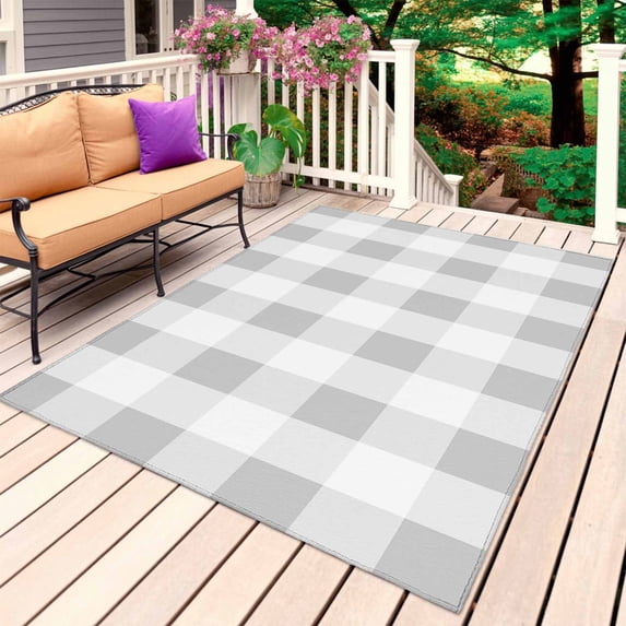 Grey Plaid Outdoor Rug 5x8 Ft, Non Slip Washable Area Rug, Spring Summer Farmhouse Buffalo Checkered Patio Rugs Carpet Runner, Large Floor Mat for Indoor/Outdoor Deck Porch Camping