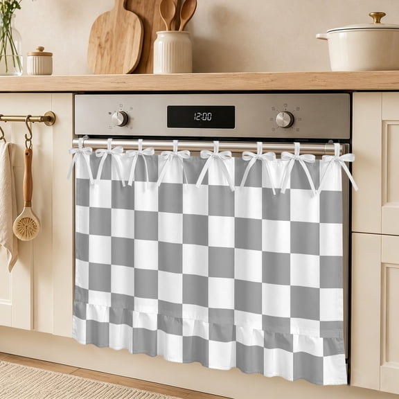 Grey Plaid Oven Skirt Curtain for Door Modern Checkerboard Plaid Repeating Pattern Stove Cover with Ruffled Trim & Ribbon Ties, Appliance Cover for Dishwasher Cabinet Kitchen Decor 32x24 Inch