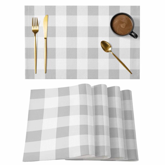 Grey Plaid Placemats Set of 2, Cotton Linen Fabric Place Mats, Spring Summer Farmhouse Buffalo Checkered Washable Decorative Table Mats Protector for Home Kitchen Dining Wedding Party Coffee Tables