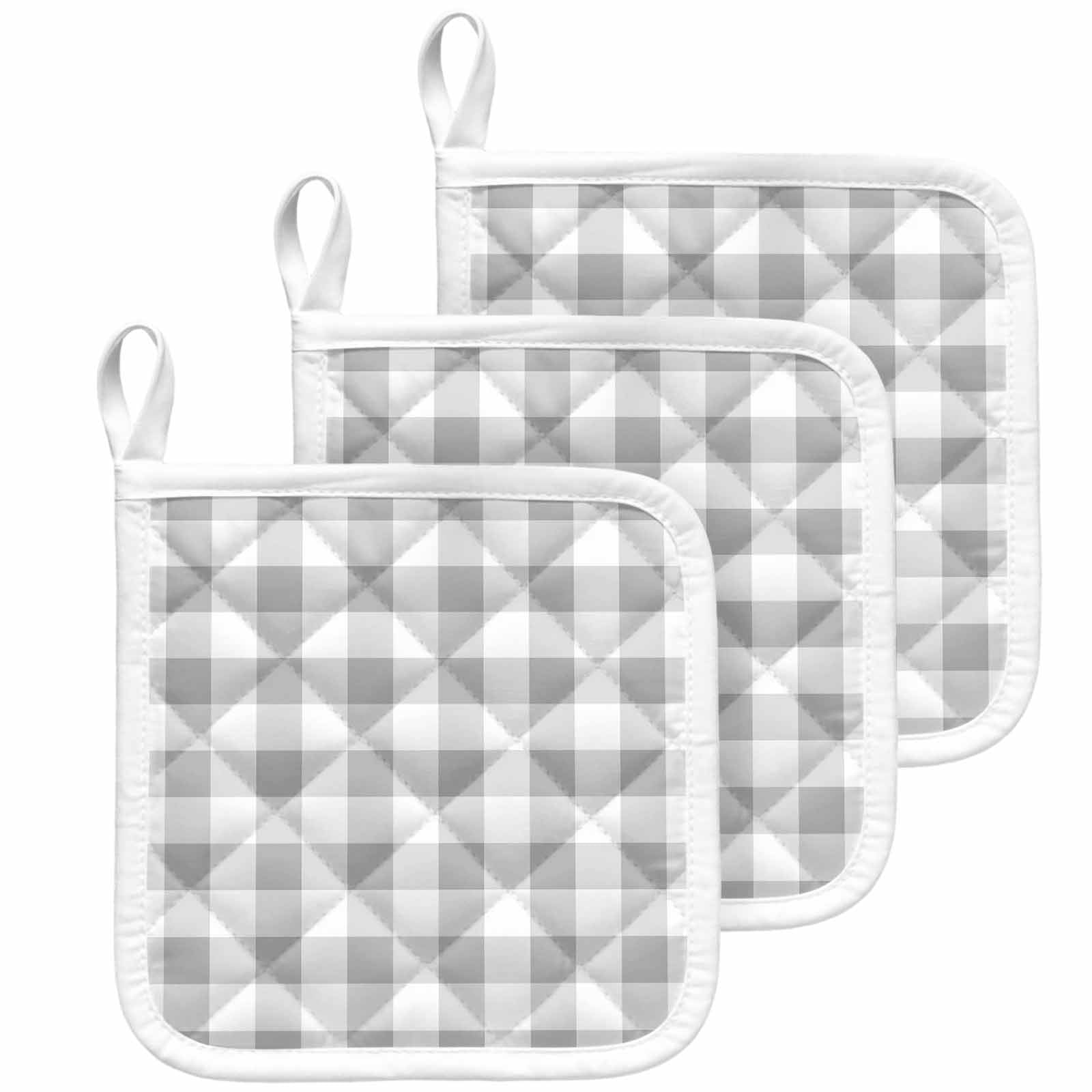 Grey Plaid Pot Holders for Kitchen Heatproof Potholder, 3 Pack Gradient Geometric Buffalo White Checkered Hot Pads Multipurpose Oven Pads Cloth Potholders Trivet for Cooking Baking