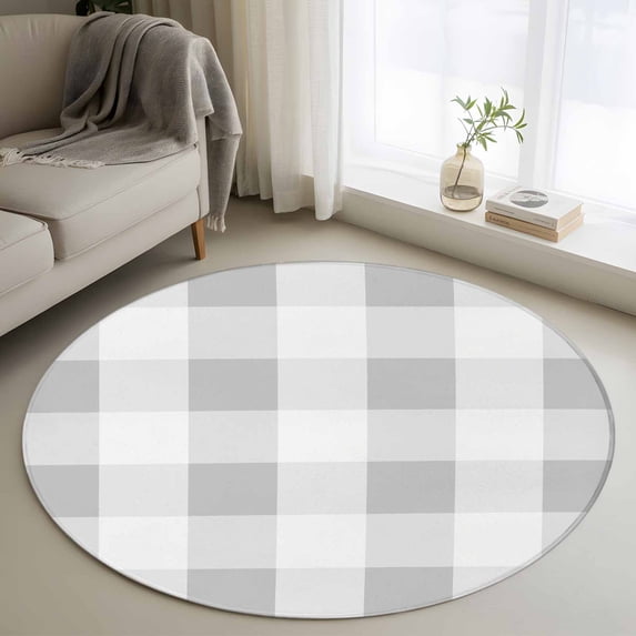 Grey Plaid Round Area Rug 3.3 FT, Non Slip Small Entryway Kitchen Mat, Spring Summer Farmhouse Buffalo Checkered Washable Soft Circular Rug Non-Shedding Door Mat for Bathroom Playroom Kids Room