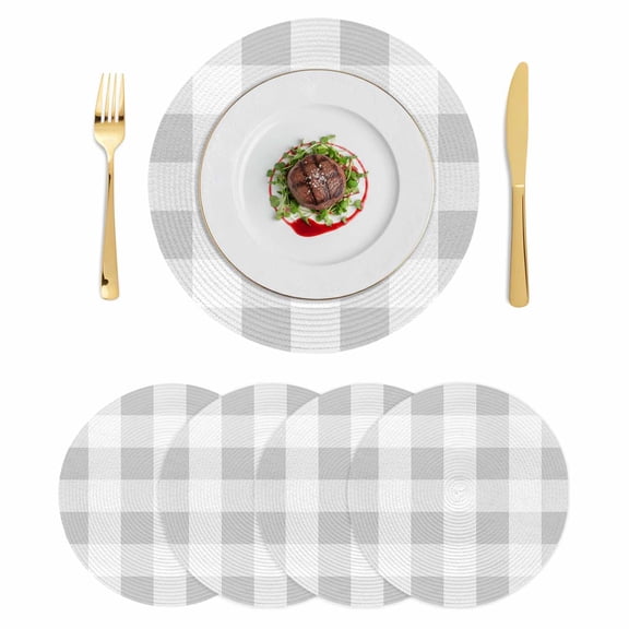 Grey Plaid Round Placemats Set of 4 Spring Summer Farmhouse Buffalo Checkered Place Mats Indoor Woven Table Mats Washable Heat-Resistance Braided Dining Table Placemats for Kitchen Party 15 Inch