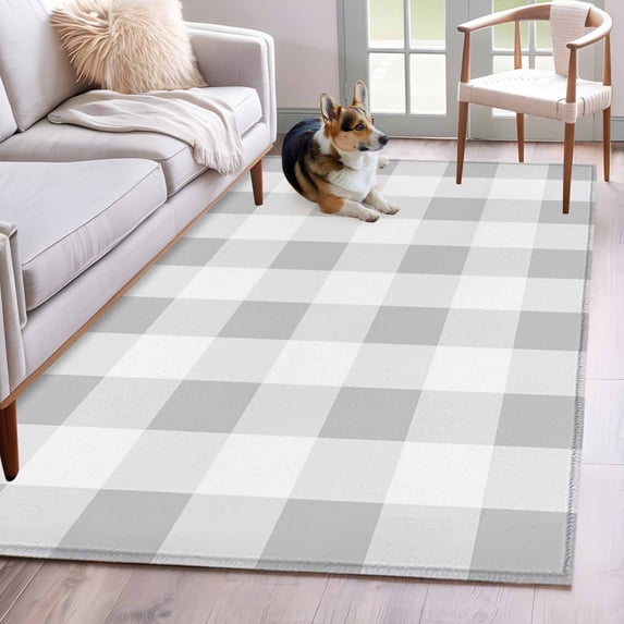 Grey Plaid Runner Rug 2.7x5 FT, Non Slip Entryway Carpet, Spring Summer Farmhouse Buffalo Checkered Washable Soft Floor Carpet Entrance Mat Non-Shedding Throw Rug for Hallway Laundry Room Bedside