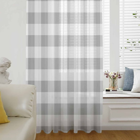 Grey Plaid Semi Sheer Curtains Drapes for Living Room, Bedroom, French Doors Window 72 Inches Long, Gradient Geometric Buffalo White Checkered Rod Pocket Chiffon Curtain Drapery Voile Drape Panel