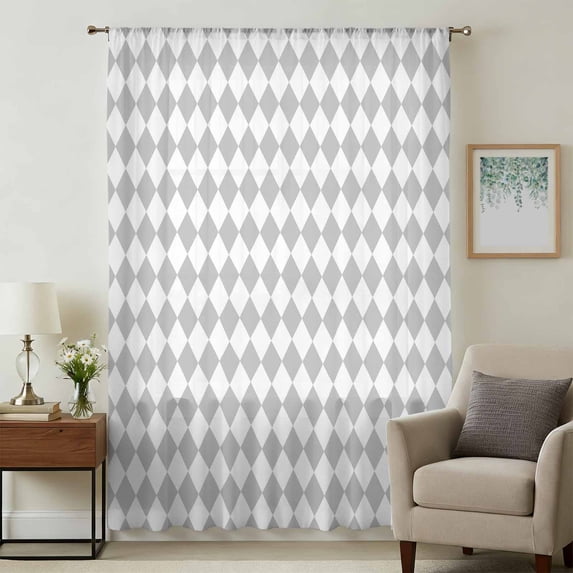 Grey Plaid Sheer Curtains 45 Inches Long, Modern Minimalist Geometric Gingham Checkered Light Filering Curtains, Breathable Simi Curtain Privacy Drapes for Kitchen Bathroom Small Window Treatment
