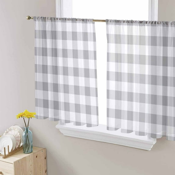 Grey Plaid Sheer Curtains 54 Inches Length 2 Panels Set, Window Sheer Curtains for Living Room/Bedroom, Gradient Geometric Buffalo White Checkered Light Filtering Rod Pocket Curtain 52'' x 54'' x 2