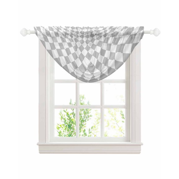 Grey Plaid Sheer Waterfall Valance Curtains for Window, Modern Minimalist Geometric Gingham Checkered Rod Pocket Sheer Topper Swag Curtains for Living Room, Kitchen 38.5"W x 47.2"L, 1 Panel