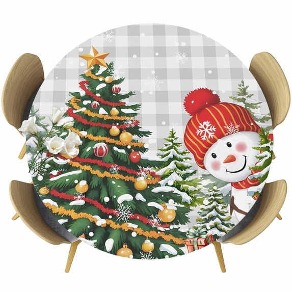 Grey Plaid Snowman Christmas Round Tablecloth, Fitted Table Cover with Elastic for 36"-44" Round Tables, Xmas Tree Snowflake Winter Table Cloth Outdoor Indoor Dinning Party Waterproof Tablecloths