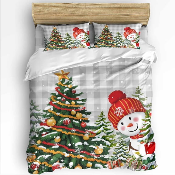 Grey Plaid Snowman Christmas Tree King Size Comforter Set, Xmas Gift Winter Snowflake Bedding for All Seasons, 4 Pcs Bed Set with 1Comforter (90"x106") ,1 Sheet(94"x116"), 2 Pillowcases (19"x35")