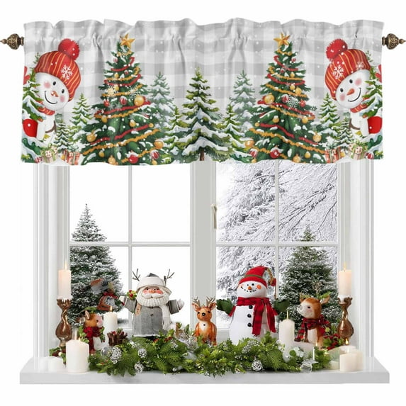 Grey Plaid Snowman Christmas Tree Valances for Windows, 42 x 18in, Xmas Gift Winter Snowflake Rod Pocket Kitchen Valance Curtain Light Filtering Window Treatments for Living Room Bedroom, 1 Panel