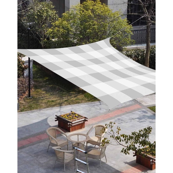 Grey Plaid Sun Shade Sail 6.5'x10' Rectangle Outdoor Shade Canopy, Spring Summer Farmhouse Buffalo Checkered Porch Shades Outdoor Sun Blocking Screen, Sunshade Cloth Covers for Patio/Deck/Garden