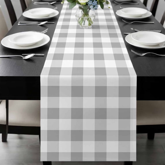 Grey Plaid Table Runner 120 Inches Long, Gradient Geometric Buffalo White Checkered Kitchen Coffee Dining Table Decoration for Home Party Birthday Wedding Home Decor 13x120 Inches