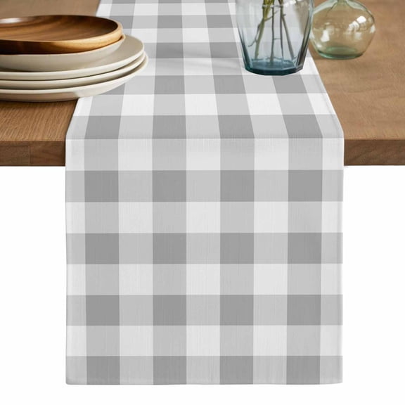 Grey Plaid Table Runner, Gradient Geometric Buffalo White Checkered Washable Cotton Linen Table Runners 36 Inches Long, Dresser Scarf Runner for Nightstand/End Tables/Round Tables 13''x36''