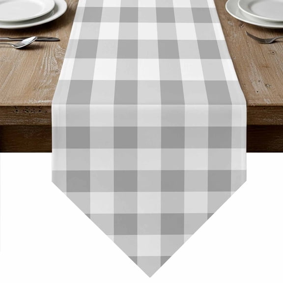 Grey Plaid Table Runner Linen Burlap Table Runner 60 Inches Long Gradient Geometric Buffalo White Checkered Dresser Scarves for Kitchen Island Coffee Dining Party Wedding Holiday Decor 13"x60"