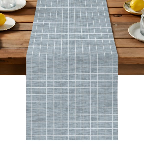 Grey Plaid Table Runner, Modern Minimalist Geometric Checkered Vertical Grids Cotton Linen Table Cloth, Tablerunner for Kitchen Dining Party Wedding Home Decor 13x48 Inch