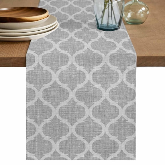 Grey Plaid Table Runner, Retro Country Moroccan National Geometrical Plaid Cotton Linen Kitchen Table Decoration Washable Dining Tabletop Runners for Home Party Decor 13x36 Inches