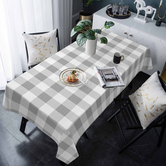 Grey Plaid Tablecloth Rectangle Table Cloths 54x108 , Waterproof Tablecloth Outdoor Table Cloth, Gradient Geometric Buffalo White Checkered Washable Table Cover for Kitchen Dining Party