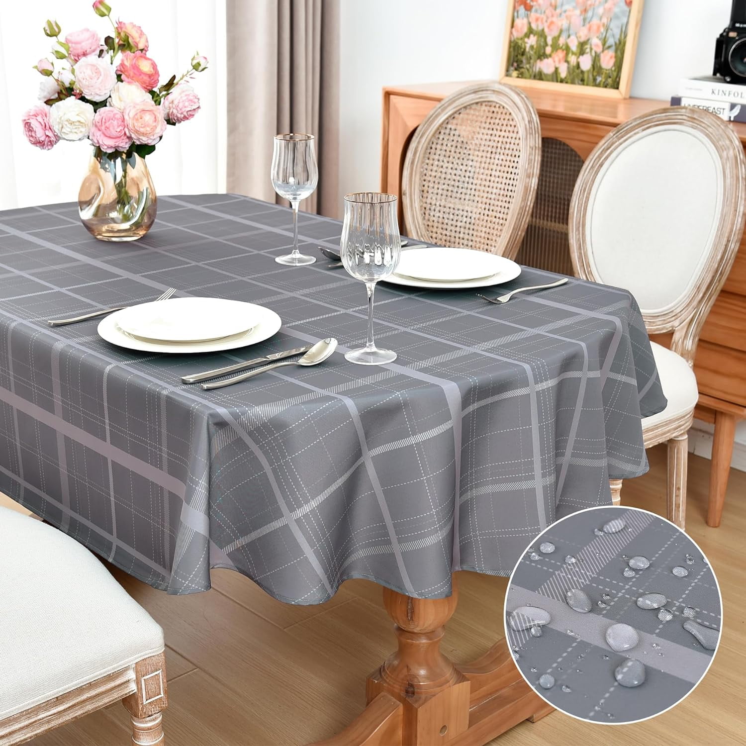 Grey plaid tablecloth discount