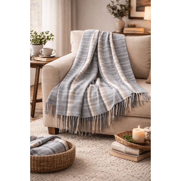 Grey Plaid Tassel Oversize Throw Blanket, 50" W x 60" L