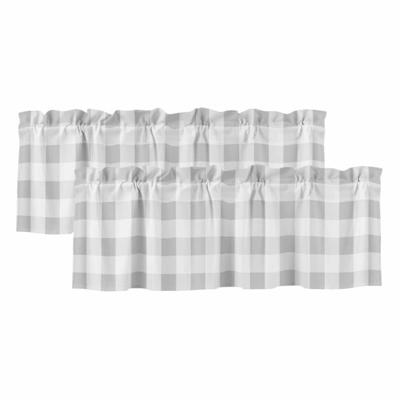 Grey Plaid Valances for Windows, Decorative Rod Pocket Window Valance Curtains, Spring Summer Farmhouse Buffalo Checkered Short Curtain Drapes for Kitchen/Living Room, 2 Panels, 42" W x 12" L