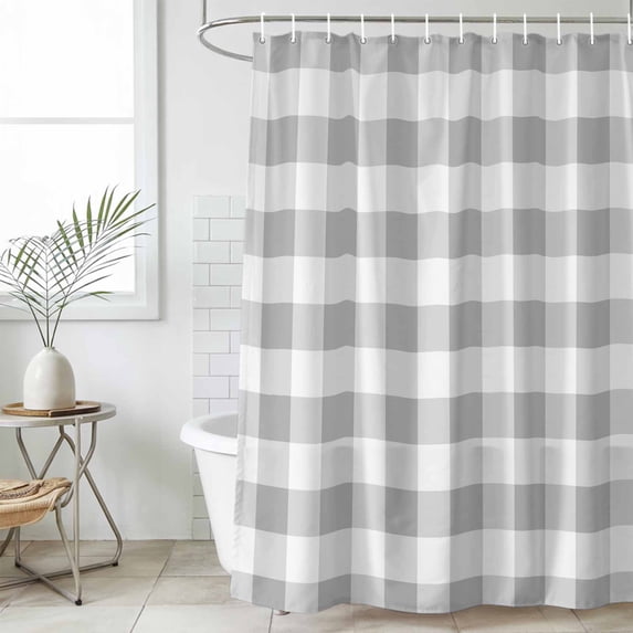 Grey Plaid Waterproof Shower Curtain, 72"x72" Washable Polyester Fabric Shower Curtains for Bathroom, Gradient Geometric Buffalo White Checkered Decorative Bathtub Curtain Sets with Hooks