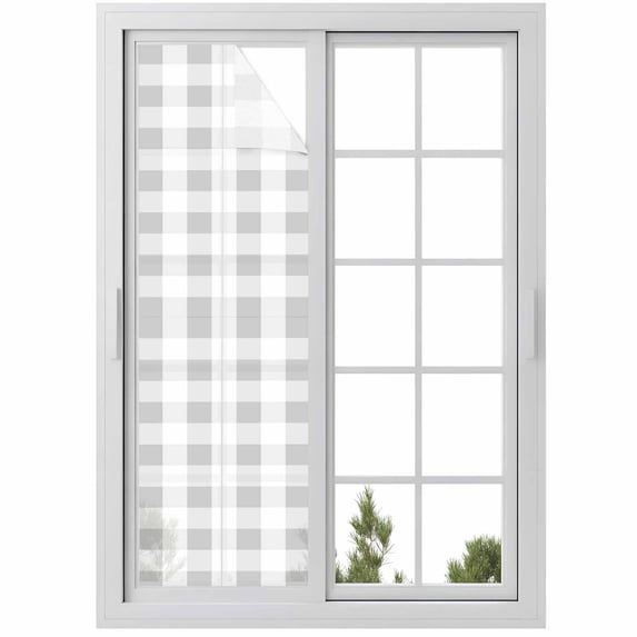 Grey Plaid Window Privacy Film, Spring Summer Farmhouse Buffalo Checkered Static Cling UV Sun Blocking Heat Control Window Tint Day and Night, Non-Adhesive One Way Windows Privacy Cover 17.7''x78.7''