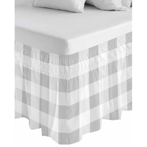Grey Plaid Wrap Around Bed Skirts for California King Bed 18" Drop,Bed Skirt with Adjustable Elastic Belt Dust Ruffle Bed Valance for Bedroom Spring Summer Farmhouse Buffalo Checkered Bed Frame Cover